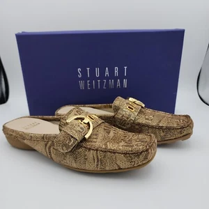 Stuart Weitzman Beltmule Suede Tan/Gold Nairobi Patch Slides $395 Spain Size 5.5 - Picture 1 of 11