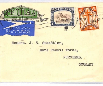SOUTH AFRICA Cover CANTLEY Advert CHRISTMAS Label 1938 Air Germany PENCILS YJ367 - Image 1 of 4
