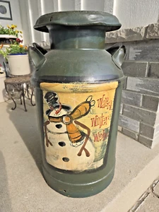 VTG DAIRY CREAM MILK CAN SNOWMAN WARM WINTER WISH PAINTED 10 gallon - Picture 1 of 8
