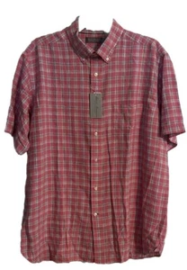 NWT Men’s Pink/Light Red Plaid Short Sleeve Linen Button Down Size M $85 - Foto 1 di 5