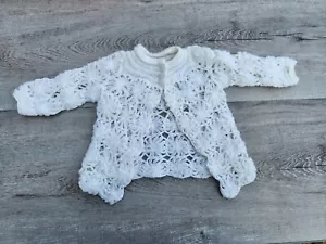 Vintage Girls Baby Cardigan Sweater Floral Detail Hand Made Crocheted 3-6 M 1970 - Picture 1 of 8