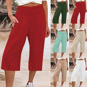Women Summer High Waisted Cotton Linen Loose Palazzo Pants Wide Leg Capri Pants - Picture 1 of 42