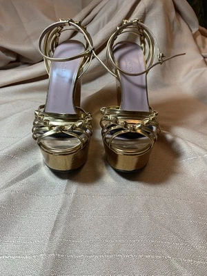 NEW Gucci  Gold Leather Platform Wedge Sandals 35.5 US 5.5 - Image 1 of 4
