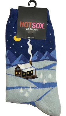 Cabin Hot Sox Socks Women’s Winter Scene Blue Pair Cute Cozy Snow Season Chimney - Image 1 of 2