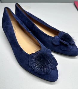 SESTO MEUCCI Couture Womens Navy Blue Suede Ballerina Heeled Pompom Flats Sz 8.5 - Picture 1 of 8