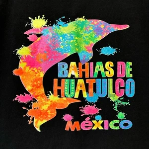 Vintage 90s Bahias De Huatulco Mexico Shirt Large Bright Colors Dolphin Splatter - Picture 1 of 7