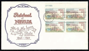 US 1964 Nevada Statehood Plate Block (1248) . First Day Cover, Boerger ABCCachet - Picture 1 of 1