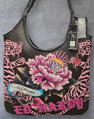 Ed Hardy Satchel Tote Bag Black Pink Tiger Floral Diamond Logo~Tattoo~Y2K~NWT - Image 1 of 4