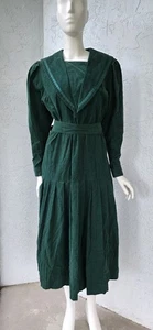 Vintage Laura Ashley Green Corduroy Prairie Long Sleeve Midi Dress Women's 10 - Picture 1 of 5