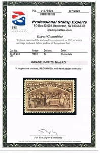 EXCELLENT GENUINE SCOTT #234 MINT RG NH 1893 COLUMBIAN PSE CERT GRADED F-VF 75 - Picture 1 of 3