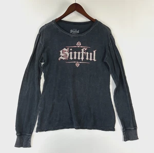 Vintage Sinful Womens Long Sleeve Thermal Top Size L Gray Grunge Punk Angel Wing - Picture 1 of 17