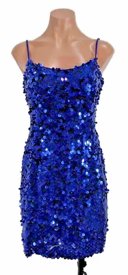 Vintage Blue Beaded Sequin Dress Evening Gown Slip Mini Silk 90s y2k 2 Cocktail - Image 1 of 4