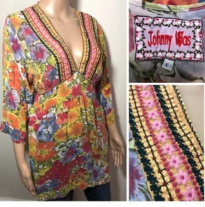 JOHNNY WAS Boho Embroidered Rayon Tunic Top Sz Large Hippie Floral Festival - Picture 1 of 20
