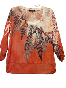 B.L.E.U. Women's Top Size L 3/4 Sleeves Orange White Feathers Boho Lace - Picture 1 of 12