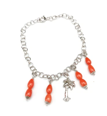 bracciale donna vero corallo rosso catena argento bianco 925 pendenti charms - Immagine 1 di 4