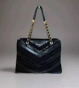 Michael Kors Black Suede/Leather Selma Chevron Tote Bag Purse - Picture 1 of 11