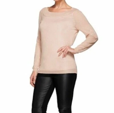 H by Halston Womens 1X Metallic Yarn V-Back Long Sleeve Sweater Champagne Gold - Image 1 of 4