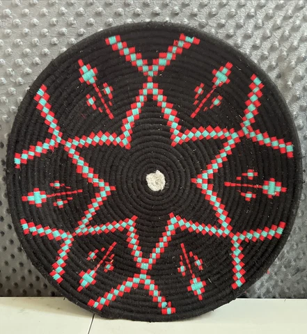 Moroccan Berber Tribal Hand Woven Wool Bread Centerpiece Basket 17” Diameter Cover