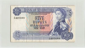 MAURITIUS 5 Rupees 1967, P-30c, A/39 407689, QEII Note, Crispy Circulated. K4 - Picture 1 of 2