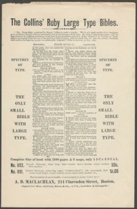 Collins Ruby de la década de 1890 Collins Tipo Grande Biblias Estadounidense Editor de Libros Cristianos Handbill - Imagen 1 de 2