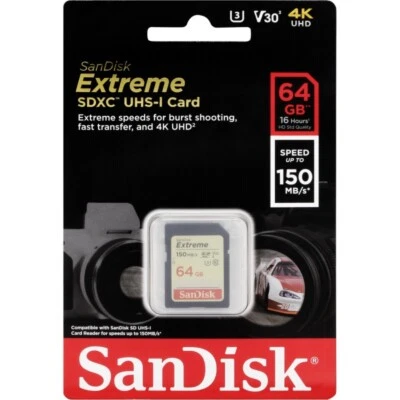  SanDisk Extreme SDXC 64GB Digital Memory Card UHS-I U3 150MB/s V30 Class 10-UK - Image 1 of 2