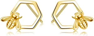 Honeycomb with Bee Stud Earrings 925 Sterling Silver Beehive Gold Gift for Women - Picture 1 of 6