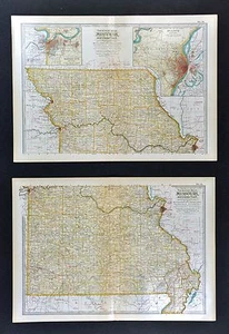1902 Century Atlas Map x 2 - Missouri - St. Louis Jefferson City Columbia Kansas - Picture 1 of 4