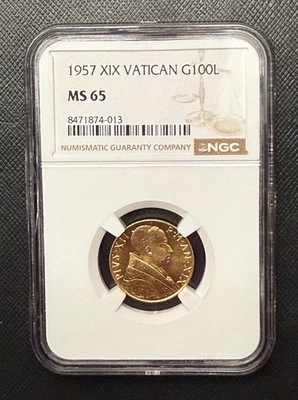 Vatican 1957 XIX Gold 100 Lire NGC MS65 - Image 1 of 2