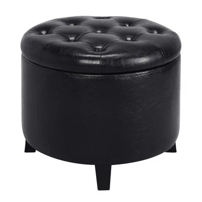 Convenience Concepts Ottoman Black Faux Leather Round Storage Stylish Functional - Image 1 of 4