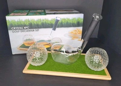 Crystal 4 Piece Golf Club Decanter Set W/ Putting Green Wood Tray Godinger  - Image 1 of 4