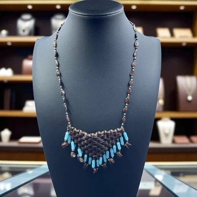 Collar Boho Cuentas Madera Marrón Con Acentos Turquesa Rústico Terroso Festival Foto 1 de 4