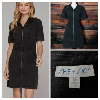 Vestido She + Sky M Denim Negro Lavado Cremallera Completa Media Manga Bolsillos Elastizados  Foto 1 de 4