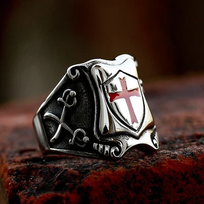 Norse Viking Battle Axe Cross Ring for Men Stainless Steel Knights Templar Band - Image 1 of 4