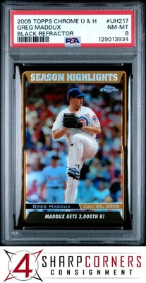 2005 TOPPS CHROME UPDATE HIGHLIGHT BLACK REFRACTOR GREG MADDUX #/250 POP 1 PSA 8 - Image 1 of 3
