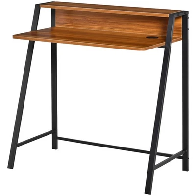 HOMCOM 2-Tier Storage Computer Workstation with Shelf, Metal Frame Walnut - Image 1 of 4
