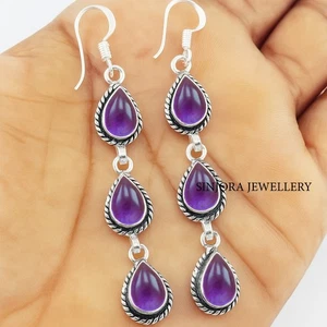 Pendientes colgantes/gotas hechos a mano de plata de ley 925 con piedras preciosas de amatista de 2,75" - Imagen 1 de 4