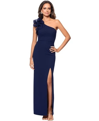 Vestido Xscape azul marinho com babados transparentes, tamanho 10 - Imagem 1 de 4