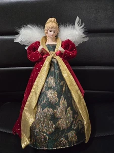 Vintage 12" Angel Tree Topper In Red & Gold Dress Green Shimmer White Wings - Picture 1 of 9