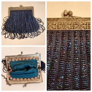 Antique Art Nouveau Silver Frame Blue Knit Iridescent Bead Tier Fringe Purse 20s - Picture 1 of 22