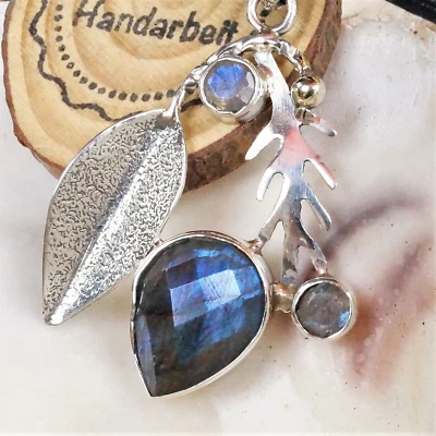 Groß Vintage Design 925er Silber Kettenanhänger Labradorit Blau Floral Anhänger - Bild 1 von 4