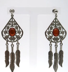 Vtg Silver Tone Dangle Chandelier Earrings Orange Red Cabachon & Feather Charms - Picture 1 of 12