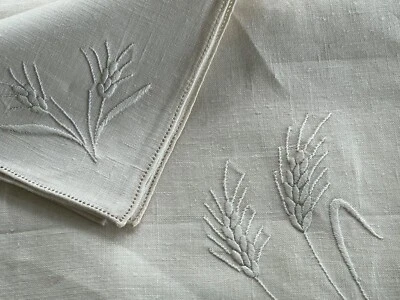 5 pc set Wheat Hand Embroidered MADEIRA 56” Tablecloth 4 Napkins ivory NU 60s x3 - Image 1 of 4