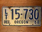 Vintage 1968 Oregon license plate Dec. 68 LT 15-730 Silver With Blue