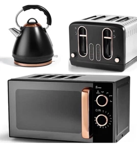 Schwarz Roségold schnell kochender Wasserkocher 4 Scheiben Toaster und Mikrowelle Set - Bild 1 von 6