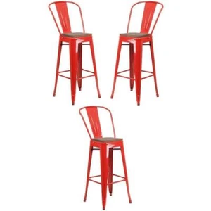 Home Square 30" Metal Bar Stool in Red and Wood Grain - Set of 3 - Picture 1 of 5