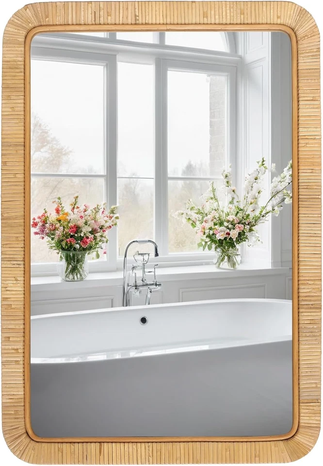 20" X 30" Rattan Wicker Rectangle Wall Mounted Bathroom Mirror for Coastal Boho - Image 1 of 4