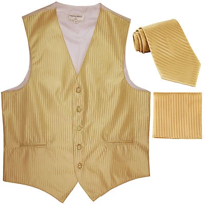 New Men's Formal Vest Tuxedo Waistcoat_necktie set stripes wedding prom gold - Image 1 of 4