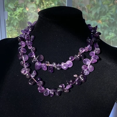 Natural Amethyst Gemstone Beaded Necklace Tumbled Shape 32" length, hand knotted - Image 1 of 4