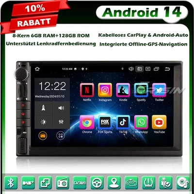 128GB 8-Kern DAB+ Android 14 Doppel Din Autoradio GPS Navi BT Für Nissan CarPlay - Bild 1 von 4
