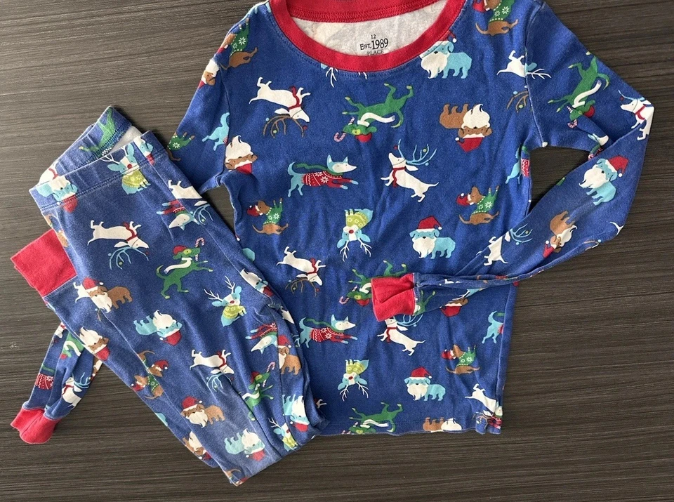 Kids Christmas Print Pajamas Blue Dogs Size 12 Years Long Sleeve - Image 1 of 4